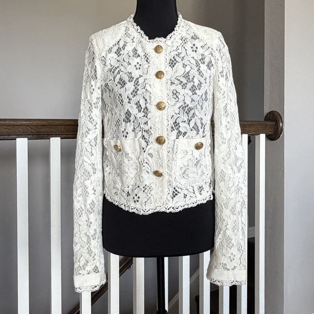 LoveShackFancy Richard Lace Long Sleeve Jacket Off White 0 Gold Button Romantic
